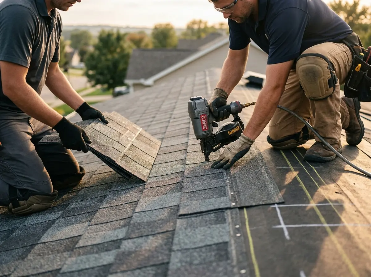 Professional roofer working on a residential roof in Bonney Lake